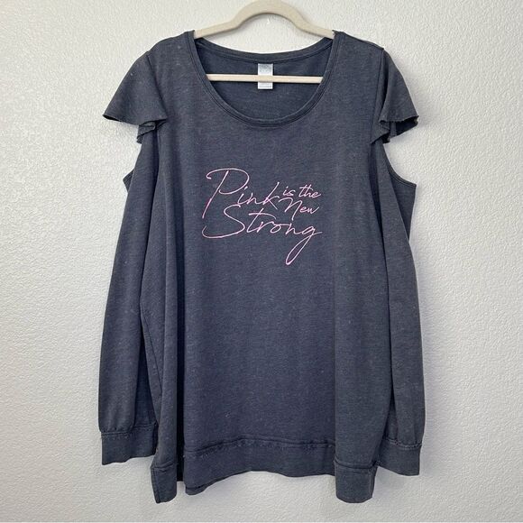Livi Active “Pink is the New Strong” Gray Cold Shoulder Sweatshirt - Picture 1 of 13